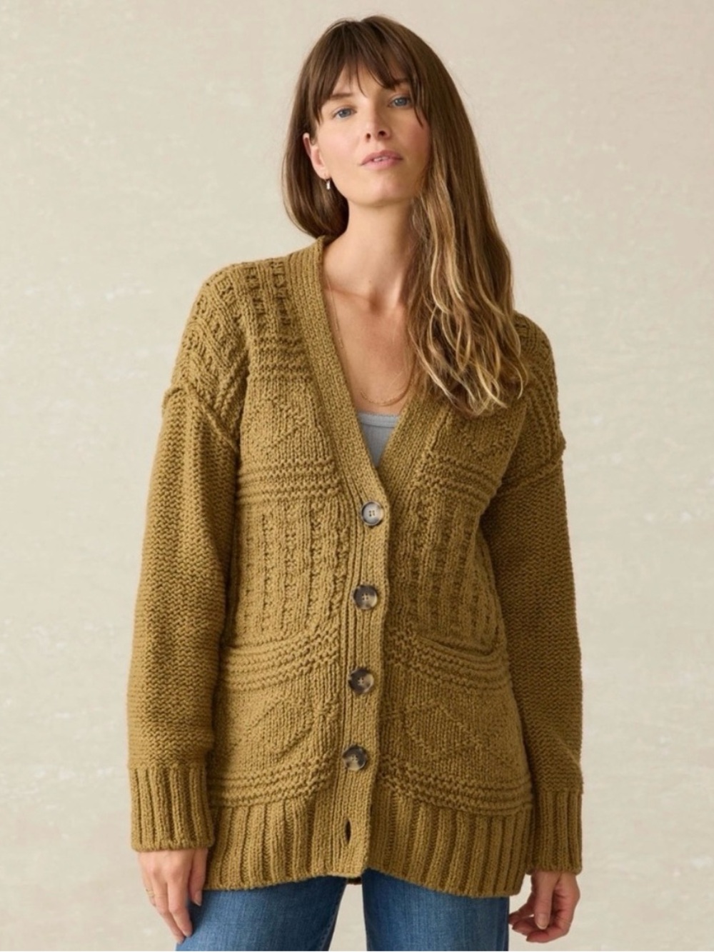 Faherty Catskill Cable Knit Chunky Cardigan Sweater Camel Brown Medium
